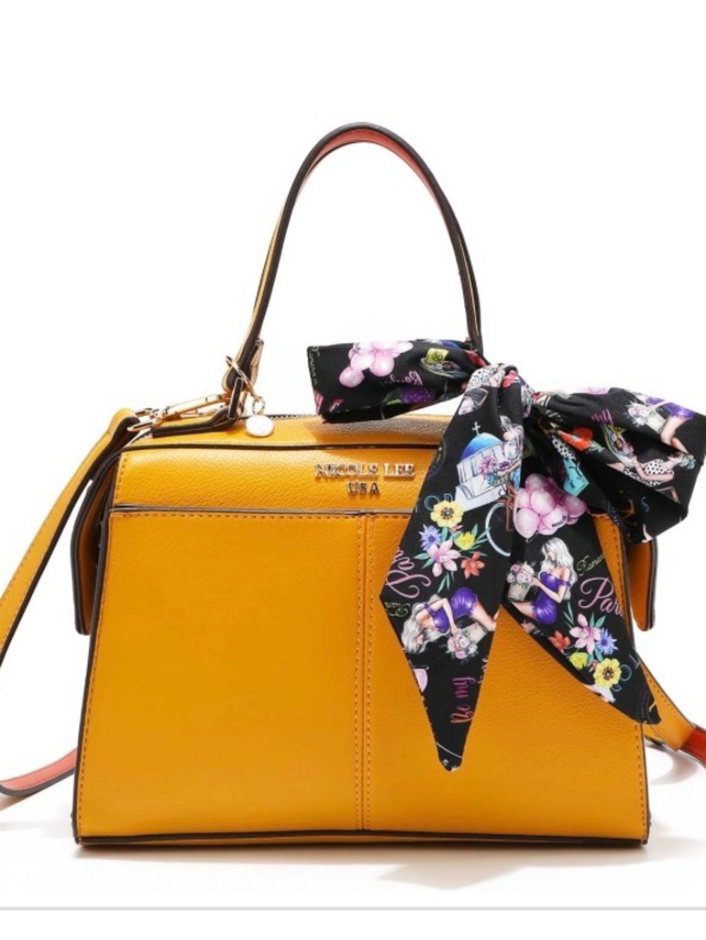 Nicole Lee Mustard Yellow Structured Top-Handle Satchel with Floral Scarf
